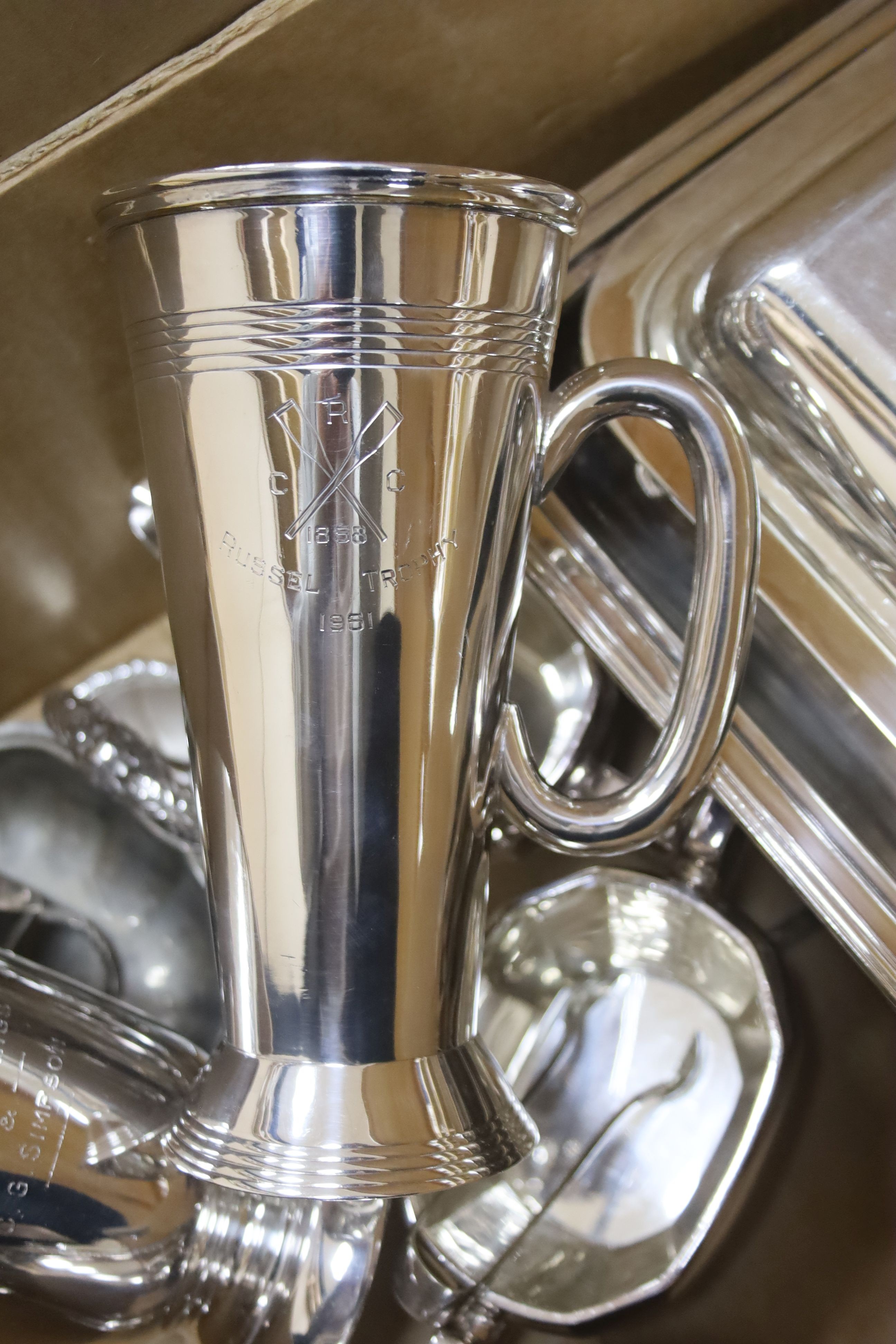 A pair of oblong silver plate entree dishes and covers, 2 other dishes, 2 part tea service and plated items